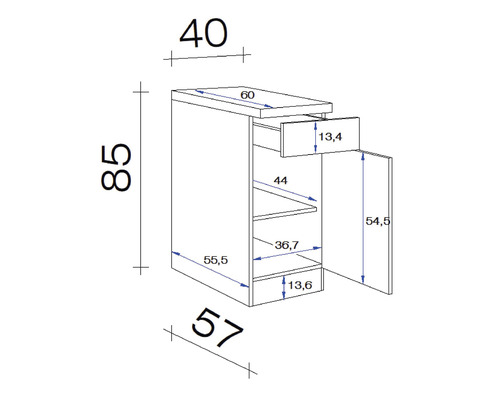 Technický výkres skrine s rozmermi
