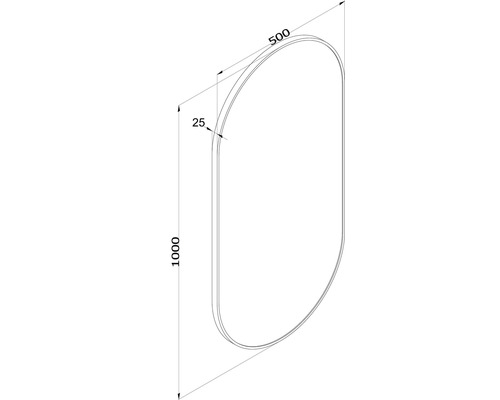 Technický nákres oválneho zrkadla s rozmermi 1000 x 500 mm