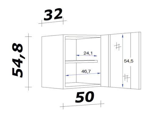Technický nákres závesnej skrinky s rozmermi