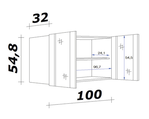 Technický nákres závesnej skrinky s rozmermi