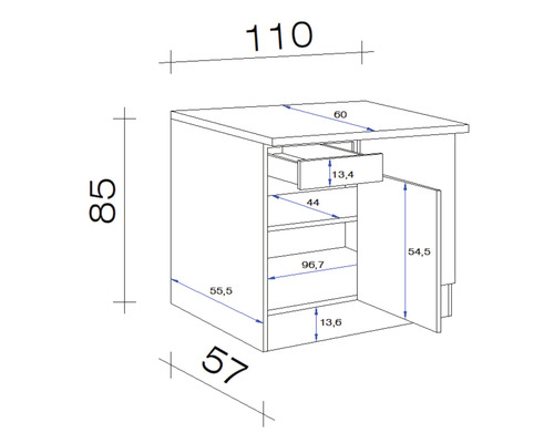 Technický nákres spodnej skrinky so zásuvkou a dverami vrátane rozmerov