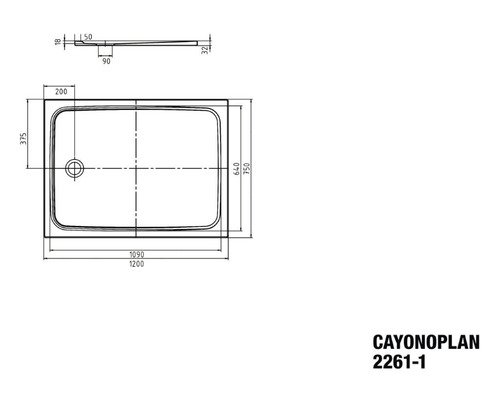 Technický nákres sprchovej vaničky Cayonoplan s rozmermi