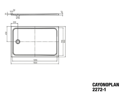 Technický nákres sprchovej vaničky Cayonoplan s rozmermi