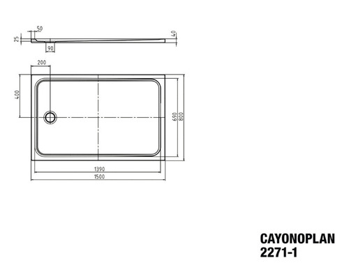 Technický nákres sprchovej vaničky s rozmermi