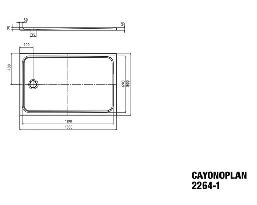 Technický nákres sprchovej vaničky Cayonoplan s rozmermi