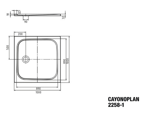 Technický nákres sprchovej vaničky CAYONOPLAN s rozmermi.