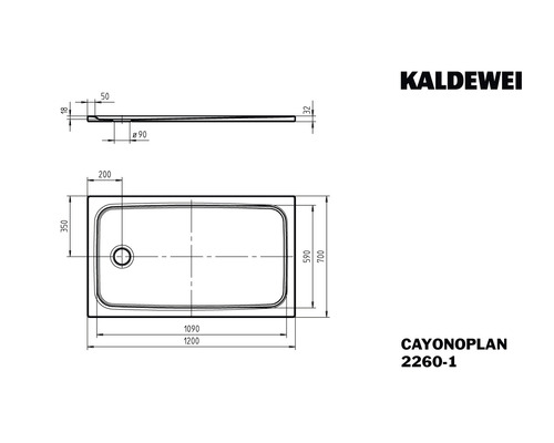 Technický nákres sprchovej vaničky Kaldewei CAYONOPLAN s rozmermi
