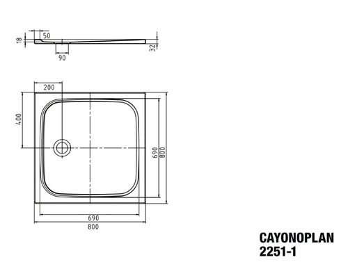 Technický nákres sprchovej vaničky CAYONOPLAN s rozmermi