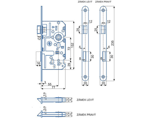 Technický výkres zámku dverí s rozmermi