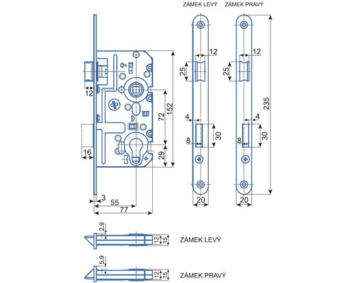 Technický nákres zámku dverí s rozmermi