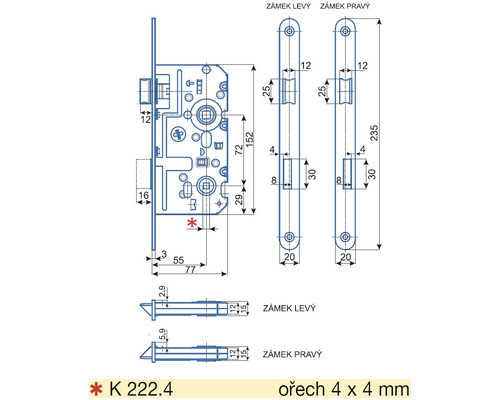 Technický výkres zámku dverí s rozmermi