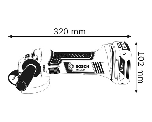 Uhlová brúska Bosch GWS 125 V-LI Professional s rozmermi: dĺžka 320 mm, výška 102 mm