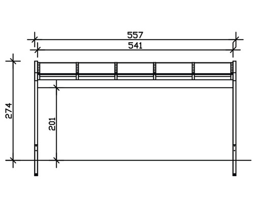 Technický nákres prístrešku s rozmermi 557, 541 a 274