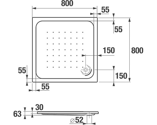 Technický nákres sprchovej vaničky s rozmermi