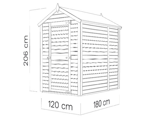 Ilustrácia záhradného domčeka s rozmermi 206 cm na výšku, 120 cm na šírku a 180 cm do hĺbky.