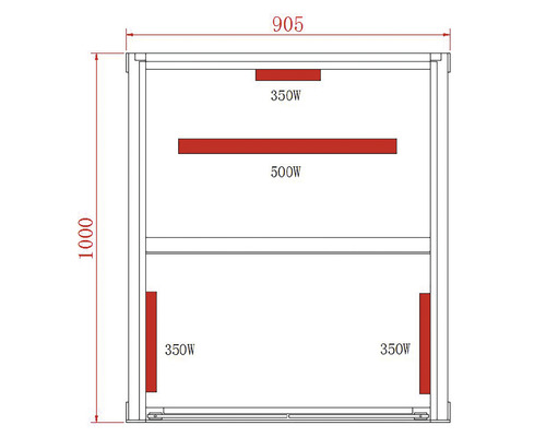 Technický nákres sauny s rozmermi a vykurovacími výkonmi