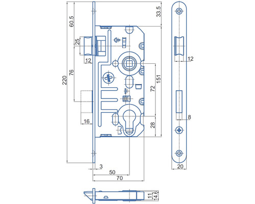 Technický nákres vložkového zámku s rozmermi