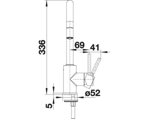 Výkres kuchynskej batérie s rozmermi 336, 69, 41 a 52 mm.