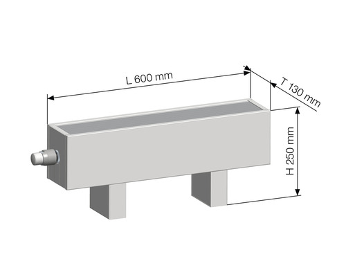 Radiátor s rozmermi: dĺžka 600 mm, hĺbka 130 mm, výška 250 mm