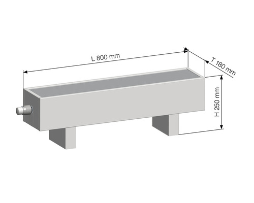 Technický výkres vykurovacieho telesa s dĺžkou 800 milimetrov, hĺbkou 180 milimetrov a výškou 250 milimetrov