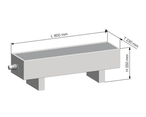 Obrázok radiátora s rozmermi 800 mm dĺžka, 230 mm hĺbka a 250 mm výška