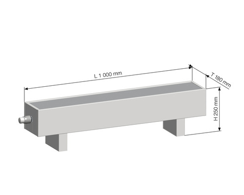 Nákres odvodňovacieho žľabu s rozmermi 1000 milimetrov dĺžky, 180 milimetrov hĺbky a 250 milimetrov výšky.
