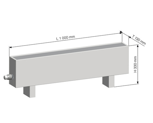 Nákres radiátora s rozmermi 1000 mm dĺžka, 130 mm hĺbka a 330 mm výška