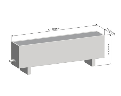 Rozmerové zobrazenie kvetináča s rozmermi: dĺžka 1200 mm, výška 400 mm, hĺbka 230 mm.