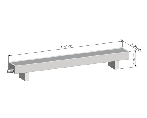 Technický nákres vodného žľabu s rozmermi 1400 mm dĺžka, 180 mm hĺbka a 190 mm výška