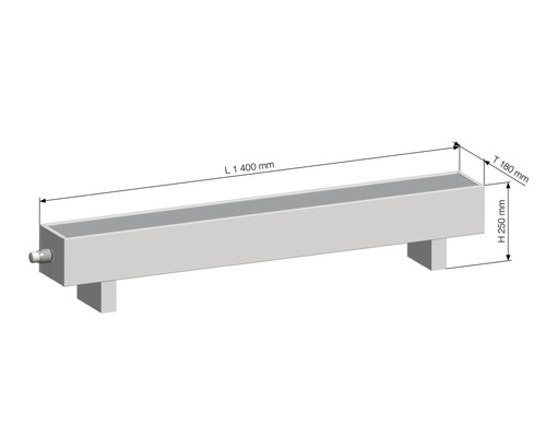 Technický nákres kvetináča s rozmermi 1400 mm dĺžka, 180 mm hĺbka a 250 mm výška.