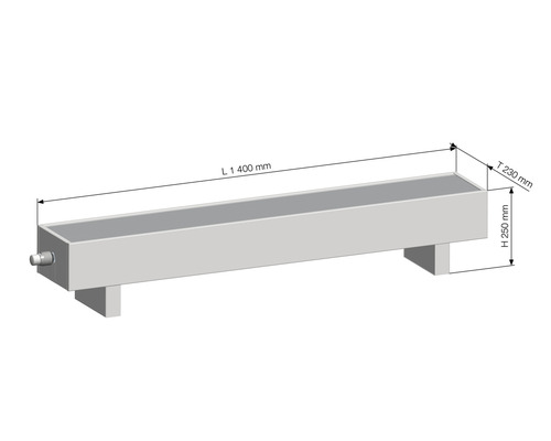 Obrázok napájadla s rozmermi dĺžka 1400 mm, hĺbka 230 mm a výška 250 mm