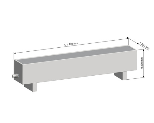 Strešný žľab s rozmermi dĺžka 1400 mm, hĺbka 230 mm a výška 330 mm