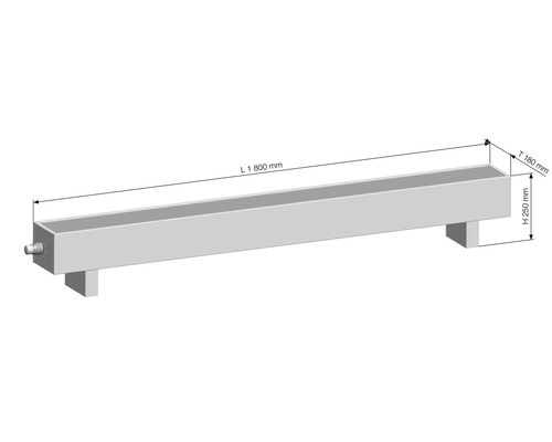 Dlhý kvetináč s rozmermi dĺžka 1800 mm, hĺbka 180 mm a výška 250 mm.