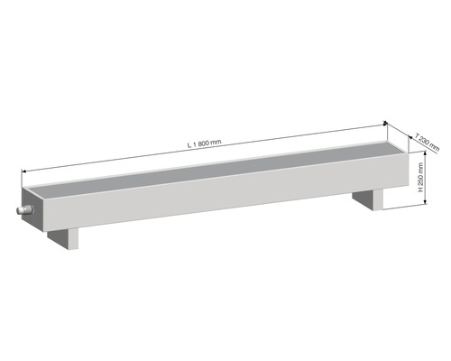 Nákres zinkového žľabu s rozmermi 1800 mm dĺžka, 230 mm hĺbka a 250 mm výška