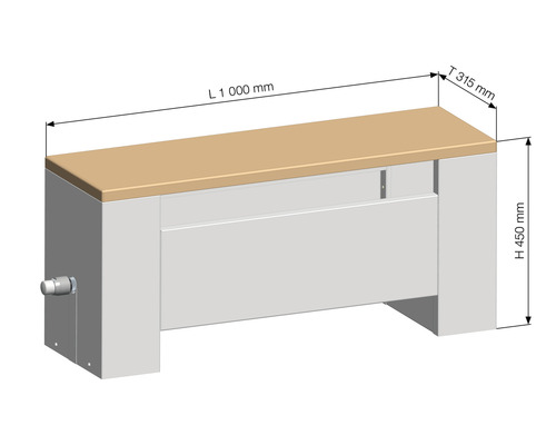Obrázok krytu radiátora s rozmermi dĺžka 1000 mm, hĺbka 315 mm a výška 450 mm.