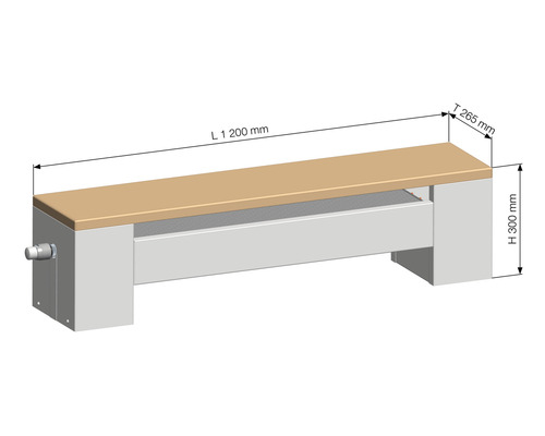 Technický nákres lavice s rozmermi 1200 mm dĺžka, 265 mm hĺbka a 300 mm výška.