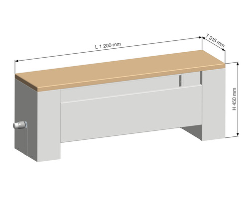 Kryt radiátora s rozmermi dĺžka 1200 mm, hĺbka 315 mm a výška 450 mm