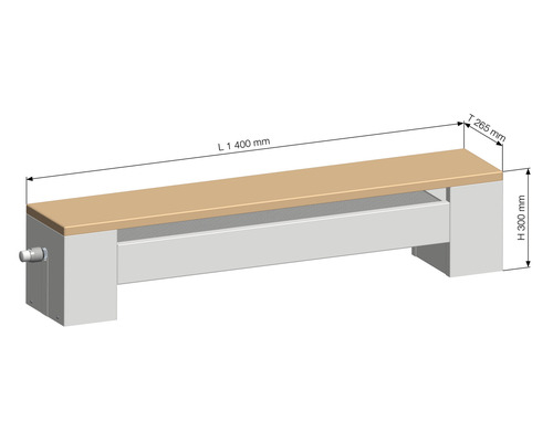 Technický nákres pracovného stola s rozmermi dĺžka 1400 mm, hĺbka 265 mm a výška 300 mm.