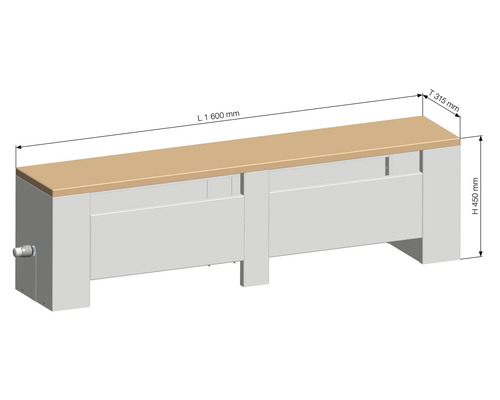 Technický nákres krytu radiátora s rozmermi dĺžka 1600 mm, hĺbka 315 mm a výška 450 mm.