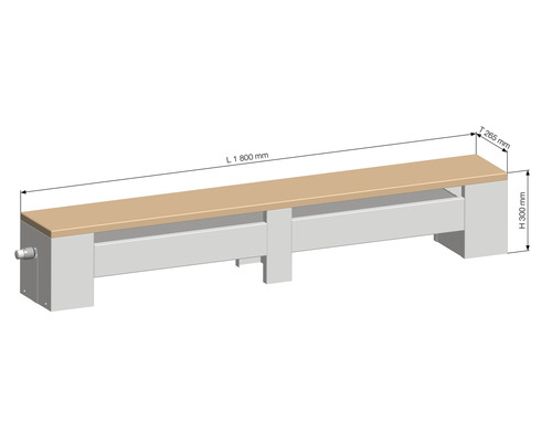 Zobrazenie pracovného stola s rozmermi 1800 mm dĺžka, 265 mm hĺbka a 300 mm výška.