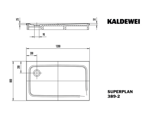 Technický nákres sprchovej vaničky Kaldewei Superplan s rozmermi.