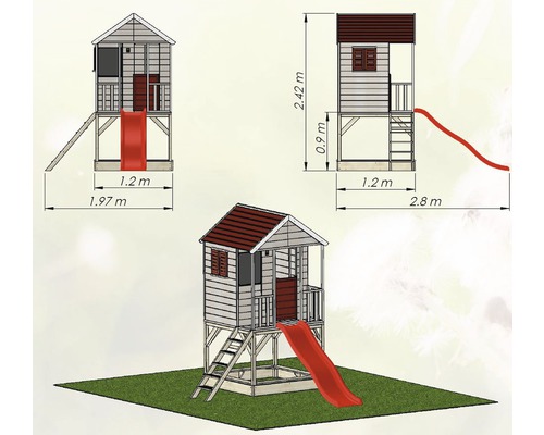 Ilustrácia herného domčeka so šmýkačkou a rozmermi