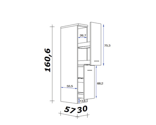 Technický nákres vysokej skrine s rozmermi