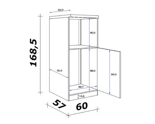 Výkres skrine s rozmermi s údajmi o výške, šírke a hĺbke