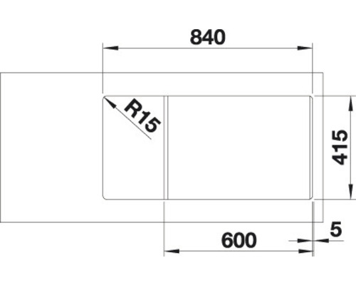 Technický nákres umývadla s rozmermi 840, 415 a 600 mm