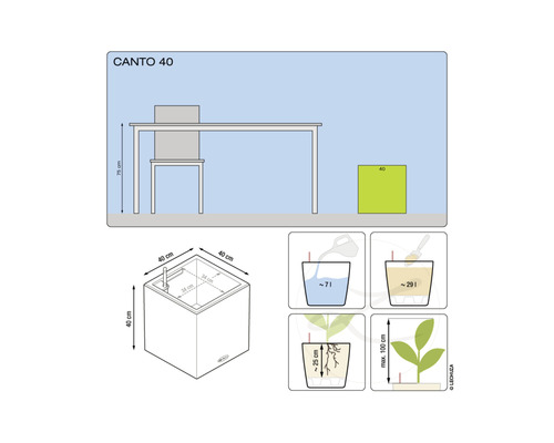 Diagram rozmerov a objemov kvetináča Canto 40