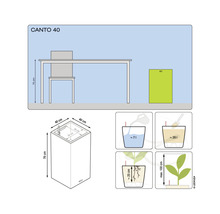 Diagram kvetináča Canto 40 s rozmermi a ilustráciami zavlažovacieho systému