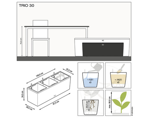 Technický nákres kvetináča Trio 30 s rozmermi