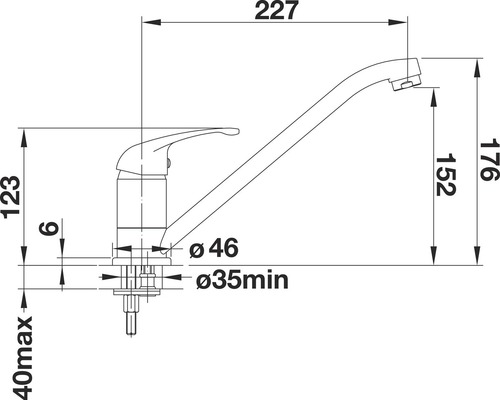 Technický nákres kuchynskej batérie s rozmermi