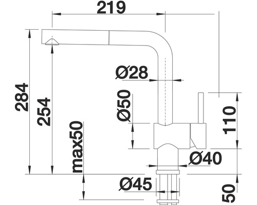 Technický nákres kuchynskej batérie s rozmermi